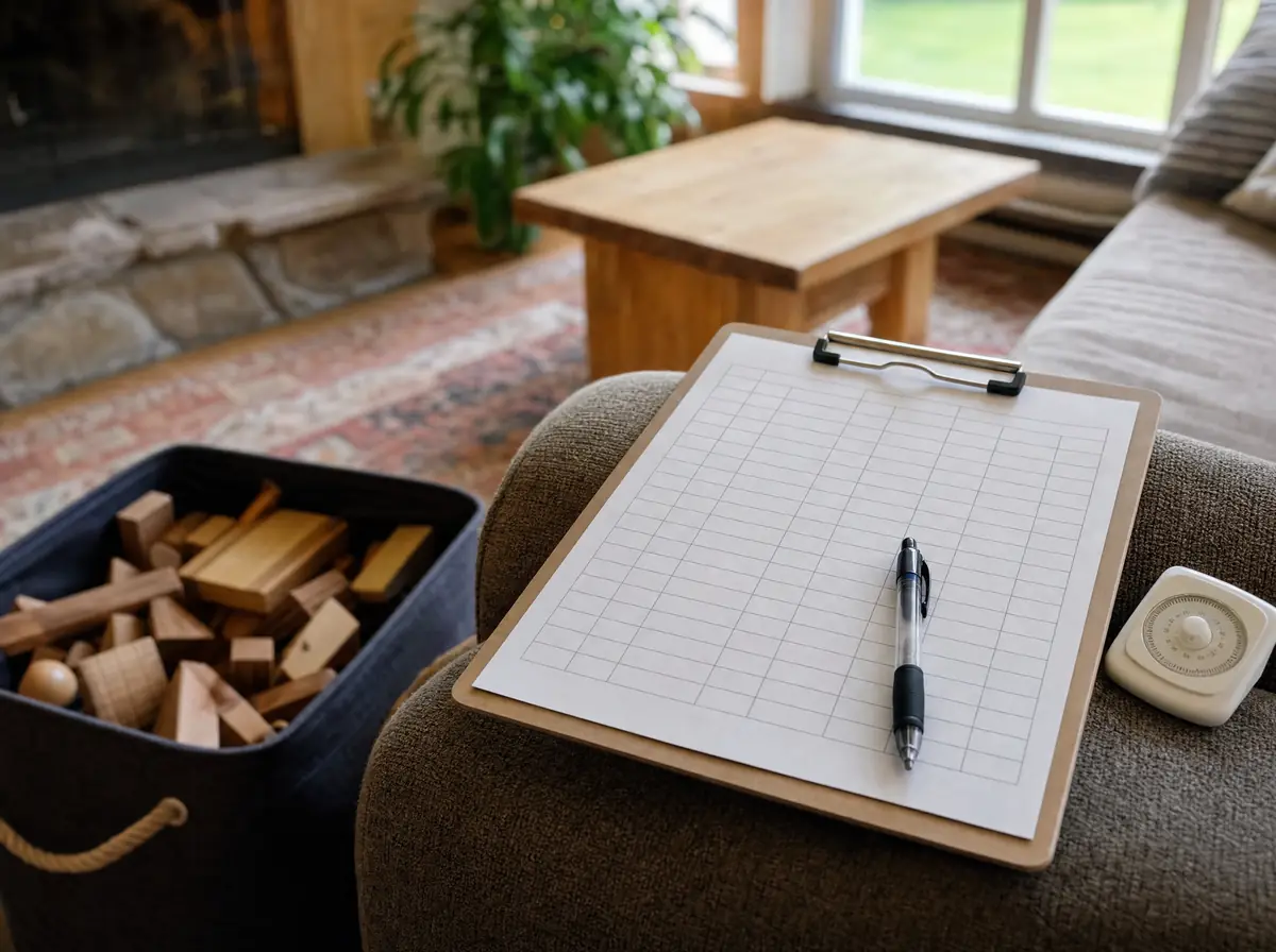 A clipboard with a blank data sheet on a couch arm beside a bin of wooden blocks