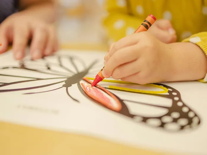 A child's hands colouring a butterfly drawing with a red crayon