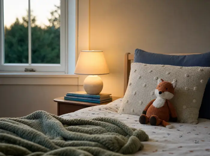 A calm child's bedroom corner with a lamp and picture books