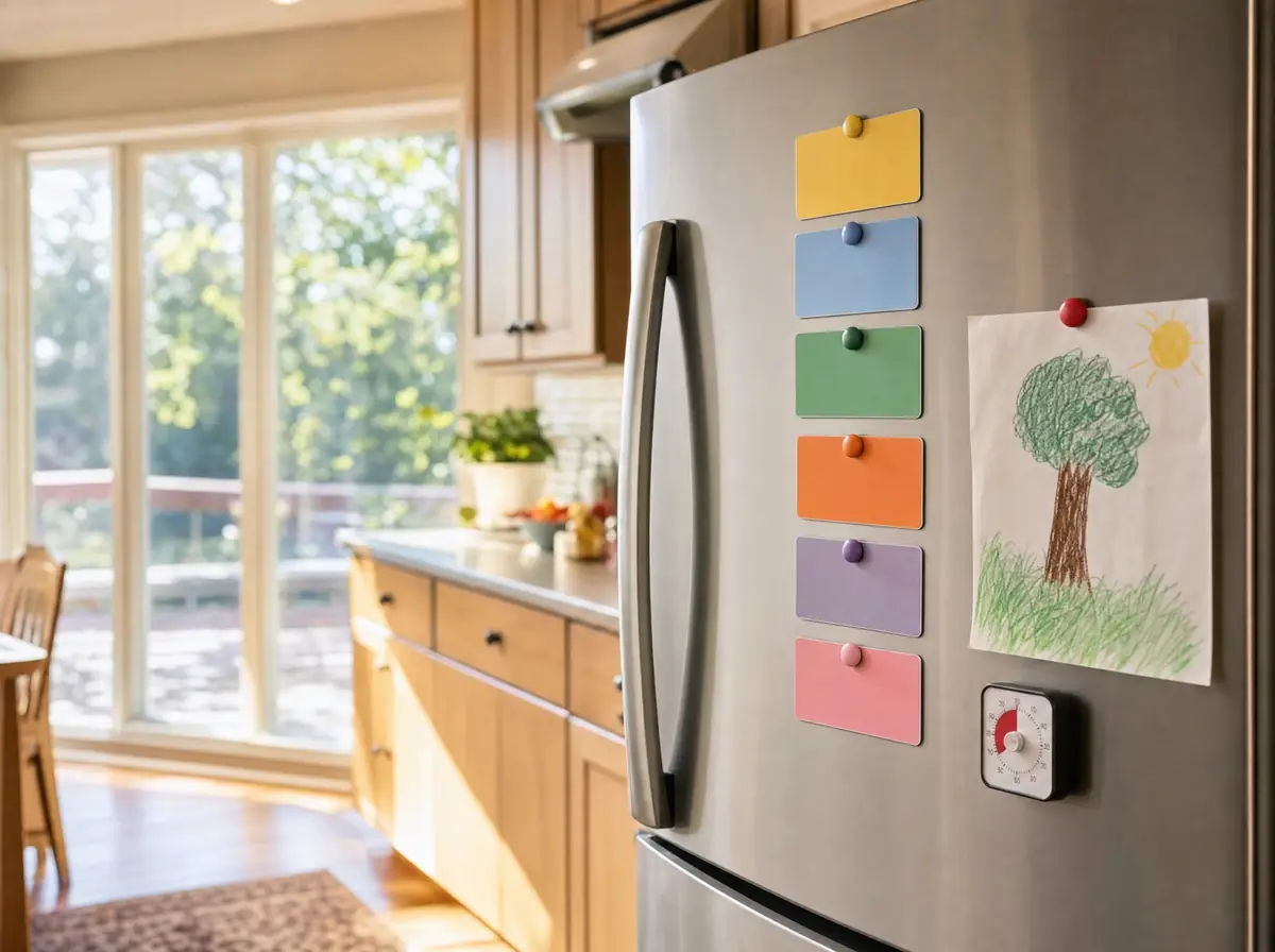 A kitchen fridge with a colourful magnetic picture schedule and a child's drawing of a tree