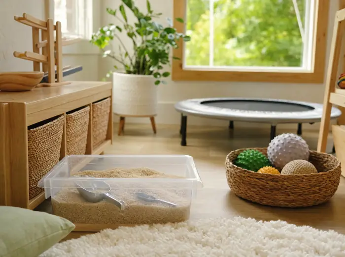A play corner with a sensory bin of rice, a small trampoline and a basket of textured balls