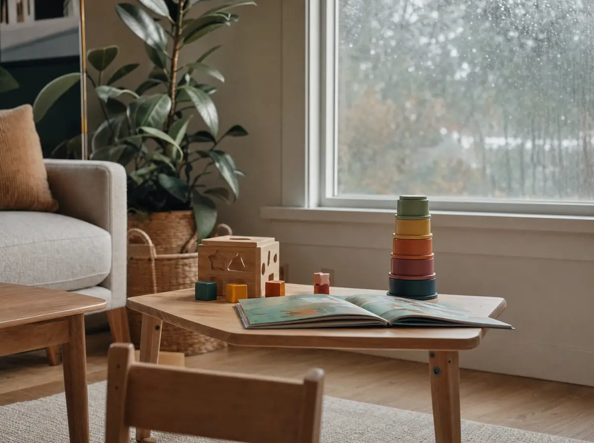 A small child-height table with stacking cups, a shape sorter and an open picture book by a rainy window