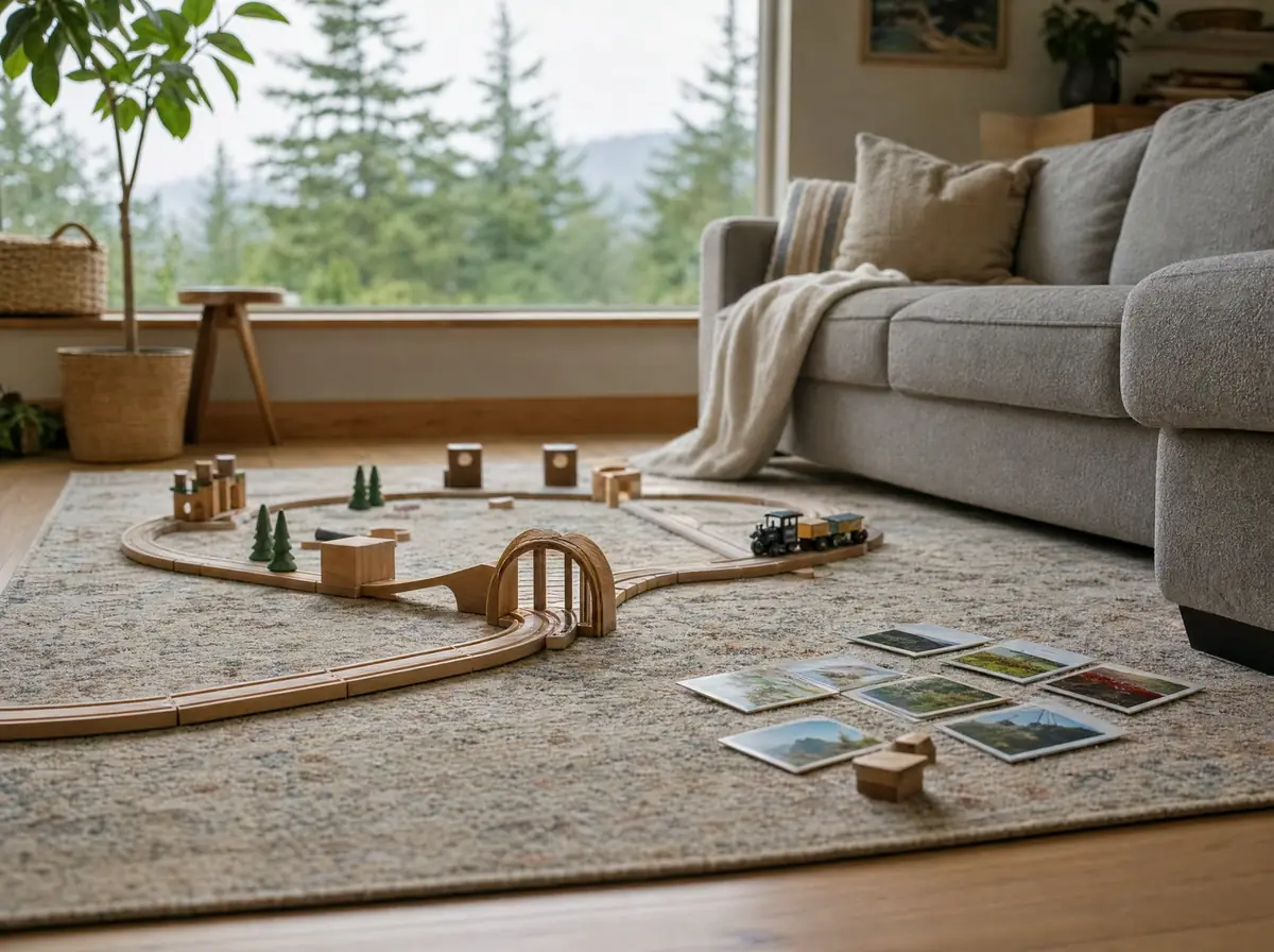 A wooden train set mid-build on a living room rug