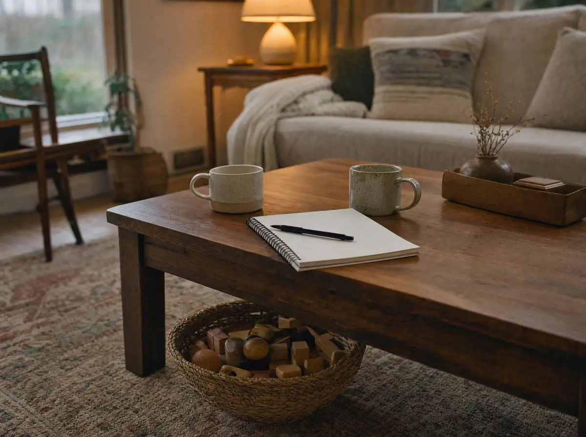 A coffee table with two mugs, an open notebook and a basket of wooden toys on the rug