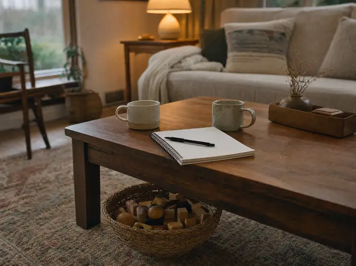 A coffee table with two mugs, an open notebook and a basket of wooden toys on the rug