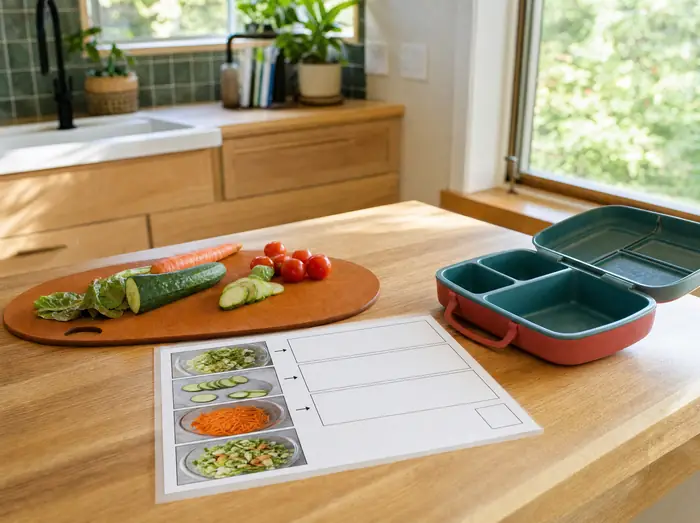 A kitchen counter with a cutting board of washed vegetables, a lunch box and a picture recipe card