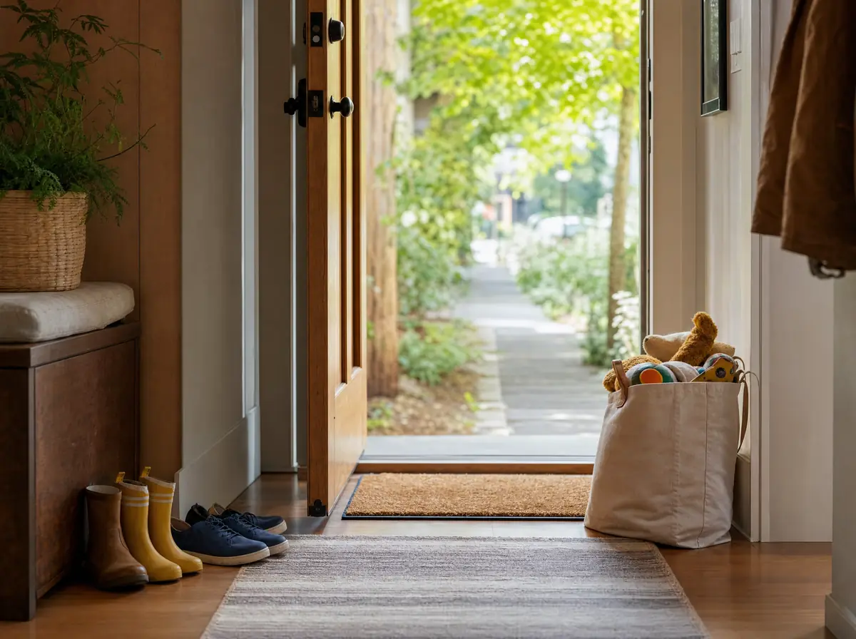 A front hallway with small rain boots, a tote of toys and an open door to a leafy street