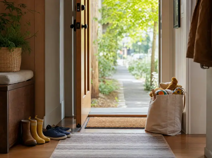 A front hallway with small rain boots, a tote of toys and an open door to a leafy street