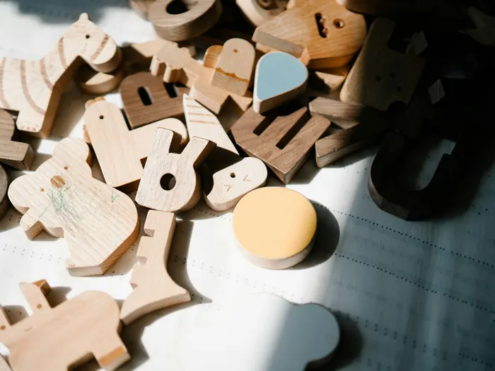 A pile of small wooden animal shapes on a table